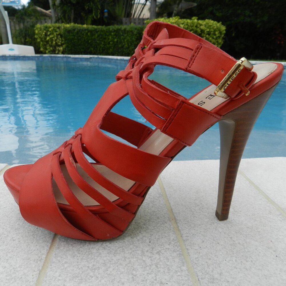 GUESS Red Strappy Peep Toe Heels Size 9 (EU 39) – High Heel Sandals